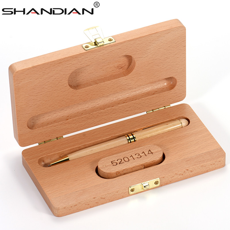 SHANDIAN Beech 볼펜 케이스 + USB 플래시 드라이브 4GB 8GB 16GB 32GB 64GB, usb 펜드라이브 정교한 선물 (맞춤 로고)